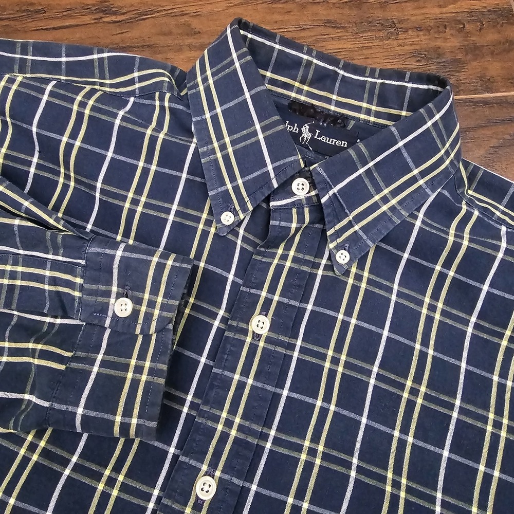 Ralph Lauren Mens Large Blue Yellow White Plaid Button Down Blake Shirt LS